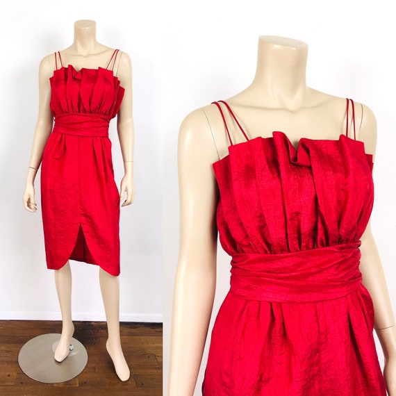 Vintage 1980s RED PLEATED Bust CRINKLED Party Dre… - image 1