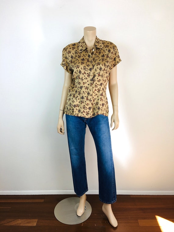 Vintage 1980s 1990s ANNE KLEIN SILK Tan Floral Pr… - image 2