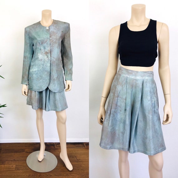 Vintage 1980s TIE DYE Effect SILK Jacket & Bermud… - image 1