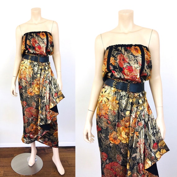 Vintage 1980s GOLD METALLIC FLORAL Print Strapless