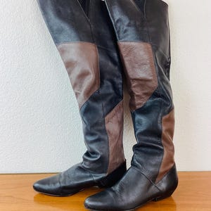Vintage 1980s THIGH HIGH BLACK Patchwork Leather Low Heel Boots / Shoes