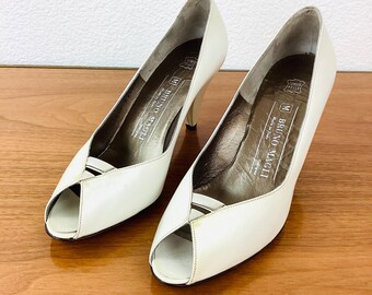 Vintage 1980s BRUNO MAGLI BONE White Leather Peep Toe High Heel Shoes / Heels New in Box 7