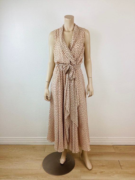 Vintage 1990s PALE PEACH POLKA Dot Summer Silk Dr… - image 2