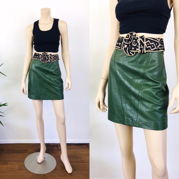 Vintage 1980s GREEN LEATHER Micro Mini Skirt