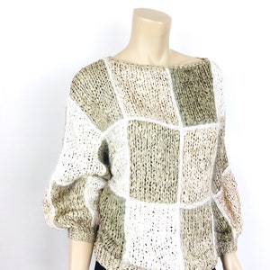 Vintage 1980s CROCHET RIBBON & ANGORA Color Block Taupe Slouchy Sweater Top image 4