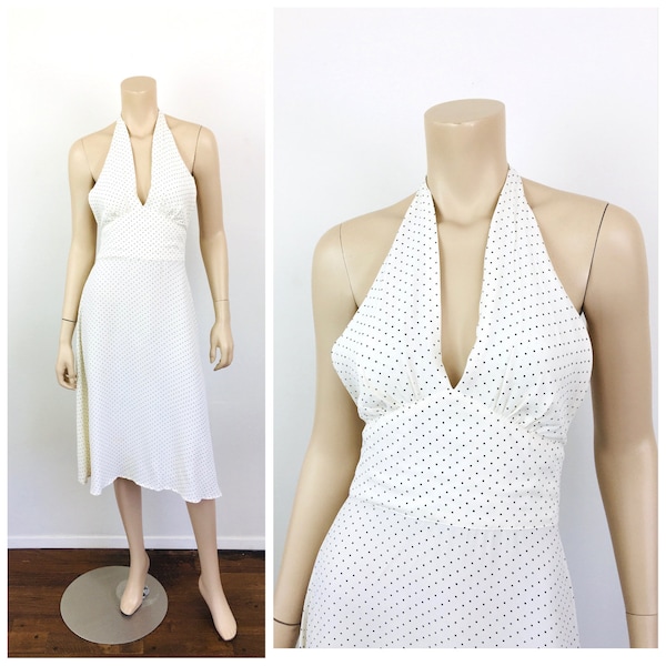 Vintage 1990s White POLKA DOT Marilyn Style Halter Dress