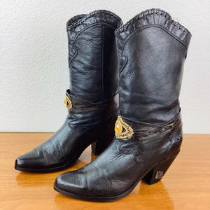 Vintage 1980s BLACK LEATHER High Heel Cowboy Western Boots / Shoes Size 9