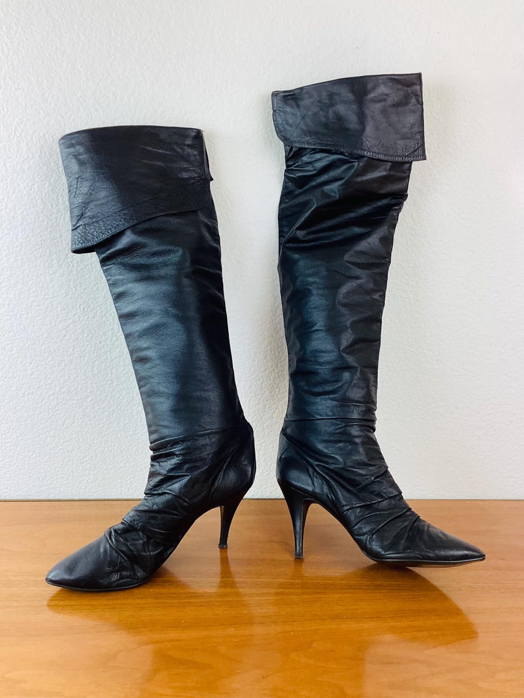 Vintage 1980s THIGH HIGH BLACK Leather High Heel Boots / Shoes - Etsy