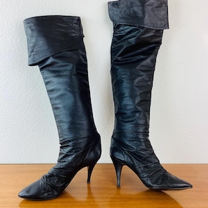 Vintage 1980s THIGH HIGH BLACK Leather High Heel Boots / Shoes