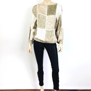 Vintage 1980s CROCHET RIBBON & ANGORA Color Block Taupe Slouchy Sweater Top image 2