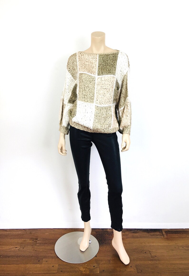 Vintage 1980s CROCHET RIBBON & ANGORA Color Block Taupe Slouchy Sweater Top image 2