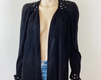 Vintage 1980s BLACK SUEDE & RHINESTONE Studded Jacket Top