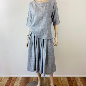 Vintage 1980s BLUE & WHITE Loose Fit 2 Pc Blouse Skirt Set / Suit