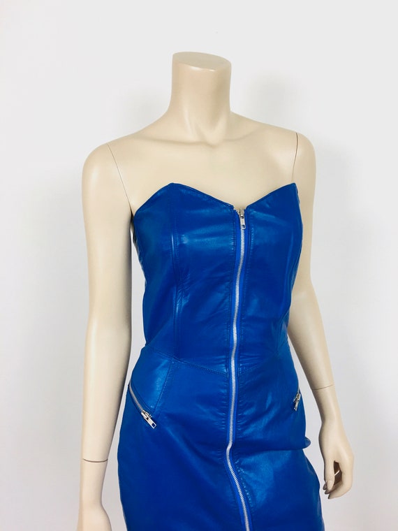 Vintage 1980s ELECTRIC BLUE LEATHER Strapless Bus… - image 6