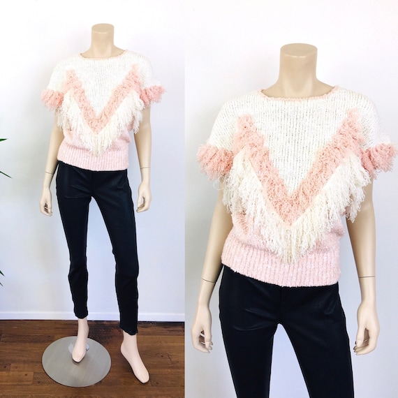 Vintage 1980s BLUSH PINK Chevron FRINGE Sweater T… - image 1