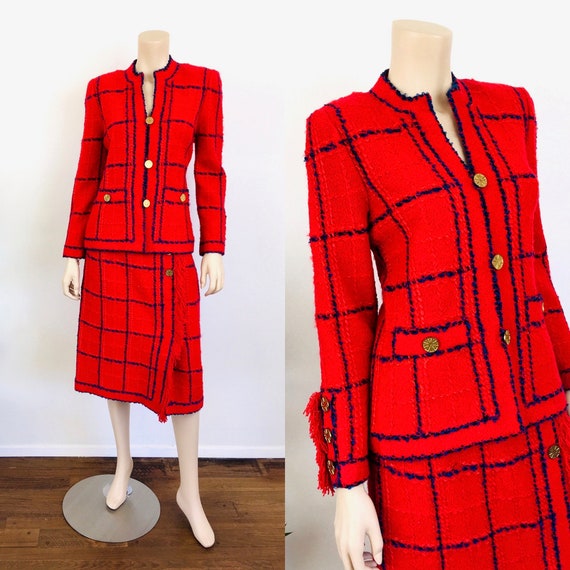 Vintage 1980s RED & BLUE Boucle PLAID Adolfo Skirt