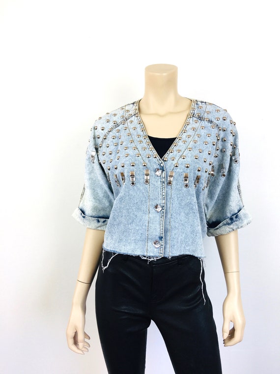 Vintage 1980s STUDDED ACID WASH Cropped Denim Emb… - image 3