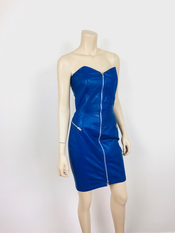 Vintage 1980s ELECTRIC BLUE LEATHER Strapless Bus… - image 5