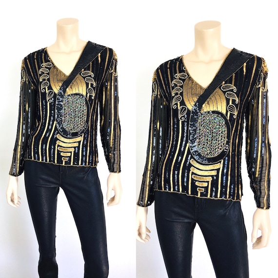 Vintage 1980s ART DECO Style SEQUIN Beaded Gold M… - image 1