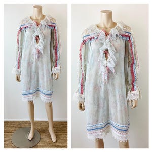 Vintage 1970s RUFFLED LACE Neckline Sheer Cotton Hippie / Boho Dress