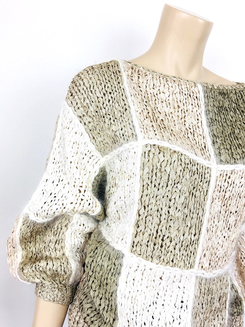 Vintage 1980s CROCHET RIBBON & ANGORA Color Block Taupe Slouchy Sweater Top image 5