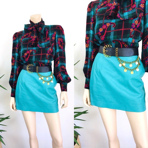 Vintage 1980s MINT GREEN Micro Mini LEATHER Skirt