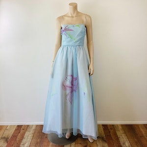 Vintage 1980s BABY BLUE Floral Print Fairy PROM Dress