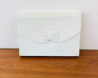 Vintage 1980s WHITE LEATHER & SNAKESKIN Clutch Bag / Purse