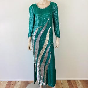 Vintage 1980s GREEN & SILVER Metallic BEADED Judith Ann Maxi Dress