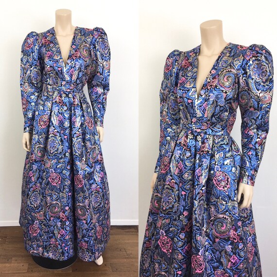 Vintage 1980s METALLIC BROCADE Puff Shoulder Leona