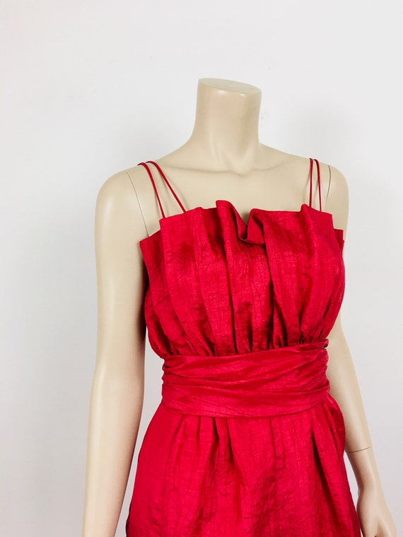 Vintage 1980s RED PLEATED Bust CRINKLED Party Dre… - image 6