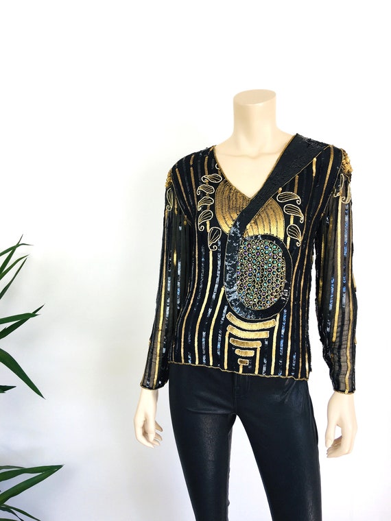 Vintage 1980s ART DECO Style SEQUIN Beaded Gold M… - image 3