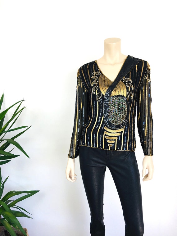 Vintage 1980s ART DECO Style SEQUIN Beaded Gold M… - image 2