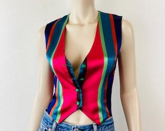 Vintage 1970s COLORFUL SATIN Stripe & GREEN Reversible Vest Top
