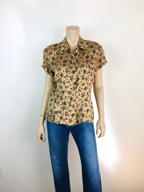 Vintage 1980s 1990s ANNE KLEIN SILK Tan Floral Pr… - image 3