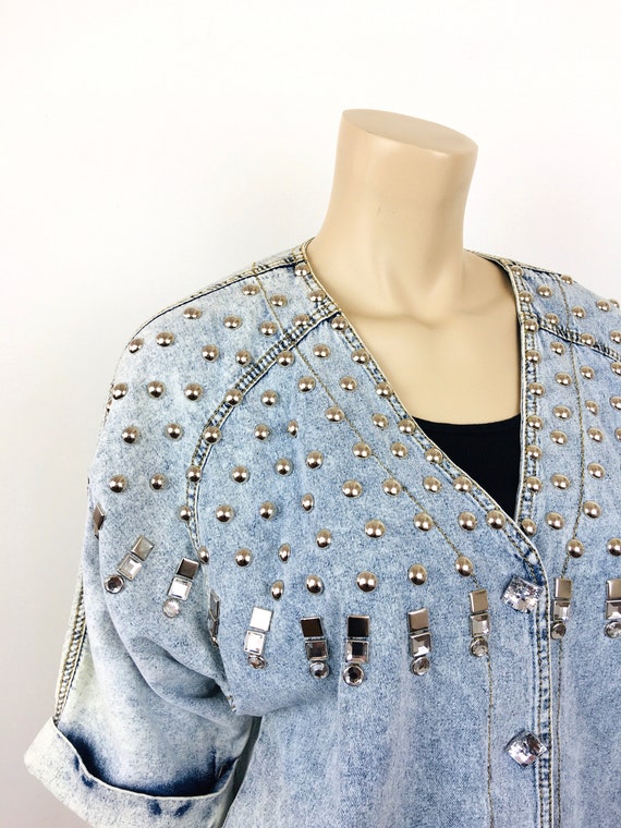 Vintage 1980s STUDDED ACID WASH Cropped Denim Emb… - image 6