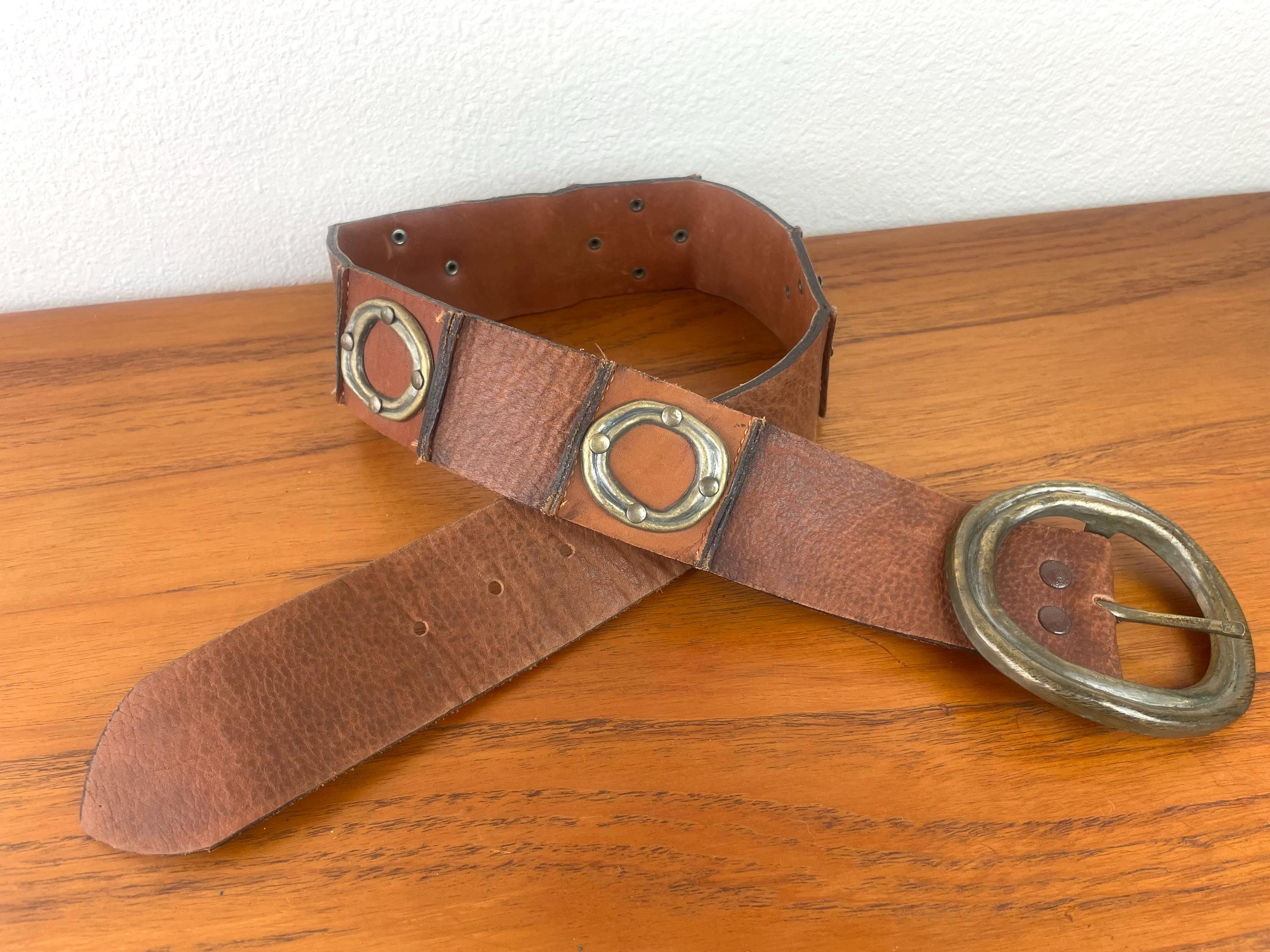 Vintage Vera Brn Leather Brass Octagon Buckle Belt 133247.jpg main image 3