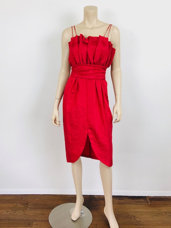 Vintage 1980s RED PLEATED Bust CRINKLED Party Dre… - image 2