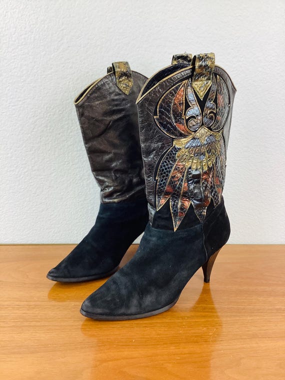 Vintage 1980s BLACK Suede & METALLIC SNAKESKIN Western  display picture 2