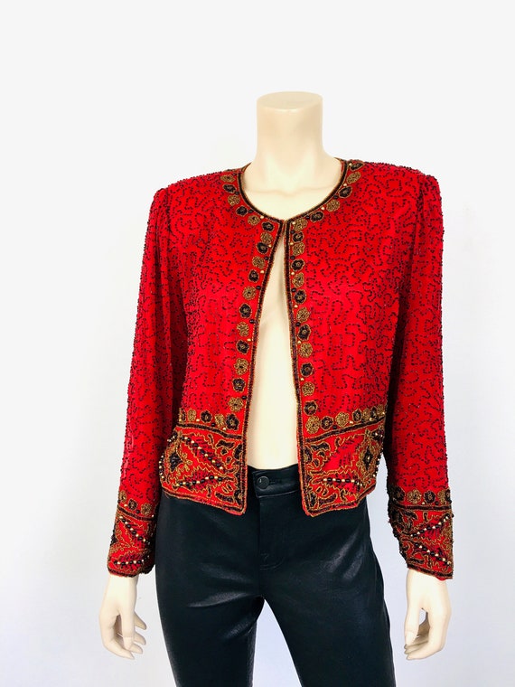 Vintage 1980s Cherry RED Silk & BLACK BEADED Top … - image 3