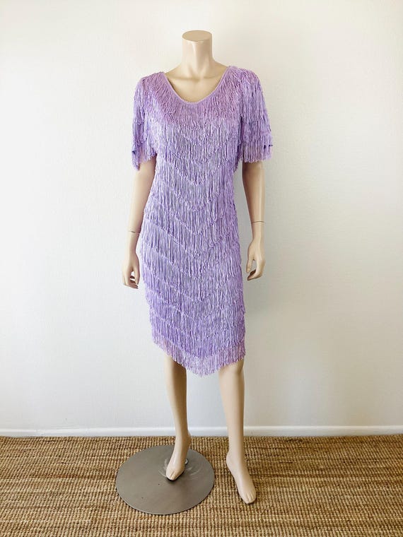 Vintage 1980s LILAC PURPLE Chevron FRINGE Dress