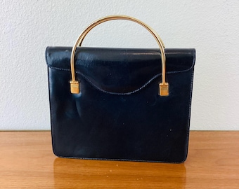 Vintage 1990s STUART WEITZMAN BLACK Leather & Gold Handle Bag / Purse