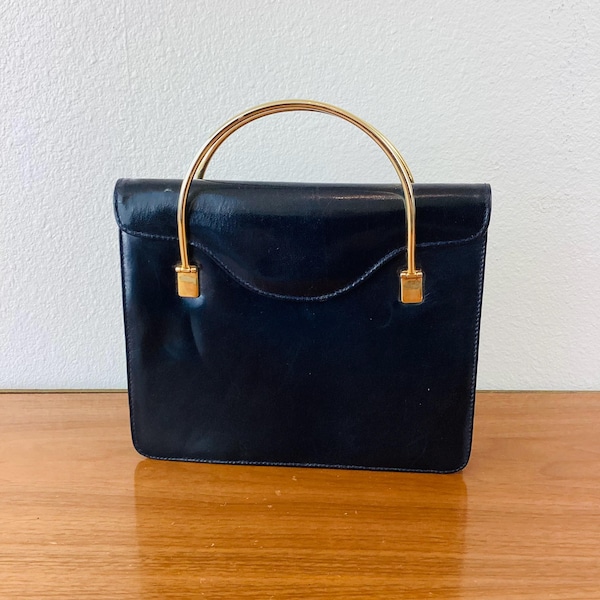 Sac / sac à main STUART WEITZMAN en cuir noir et poignée dorée, vintage des années 1990