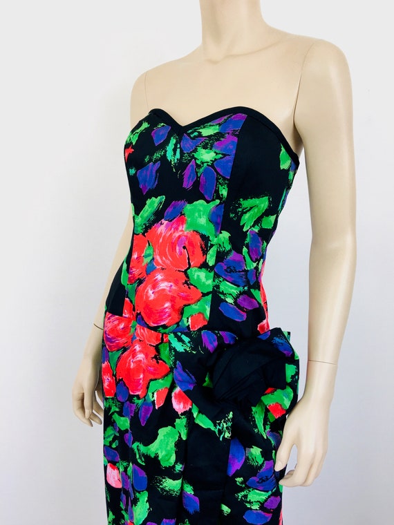 Vintage 1980s COLORFUL Black FLORAL Print Straple… - image 5