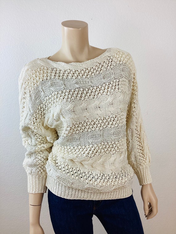 Vintage 1980s WHITE & SILVER METALLIC Knit Batwin… - image 2