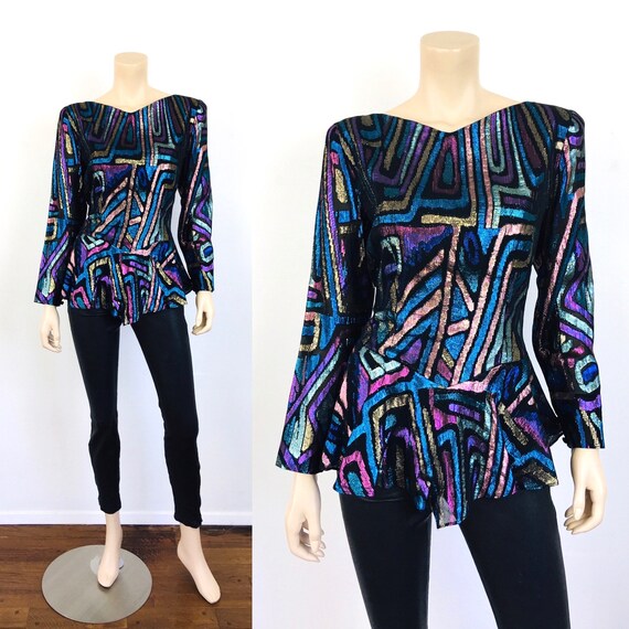 Vintage 1980s METALLIC COLORFUL Lame LUREX Blouse