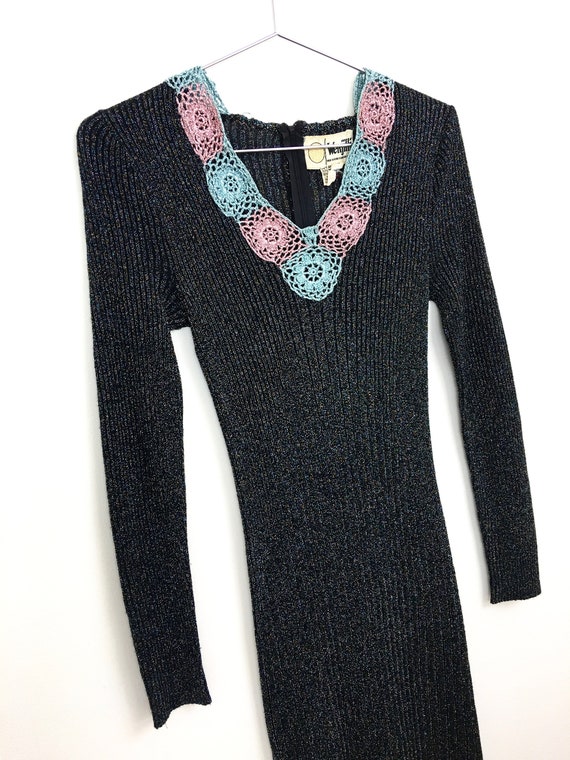Vintage 1970s METALLIC SWEATER Knit CROCHET Lurex