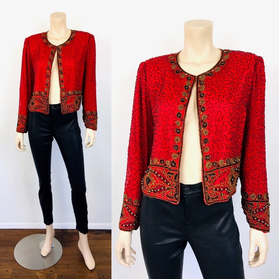 Vintage 1980s Cherry RED Silk & BLACK BEADED Top … - image 1