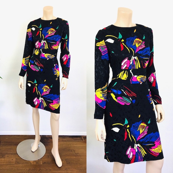 Vintage 1980s ABSTRACT FLORAL Print SILK Dress
