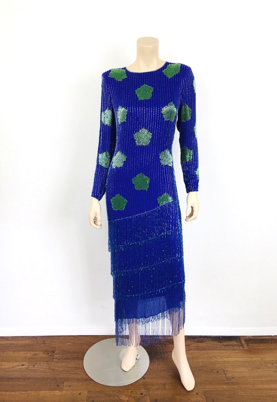 Vintage 1980s VIOLET & GREEN BEADED Silk Fringe B… - image 2